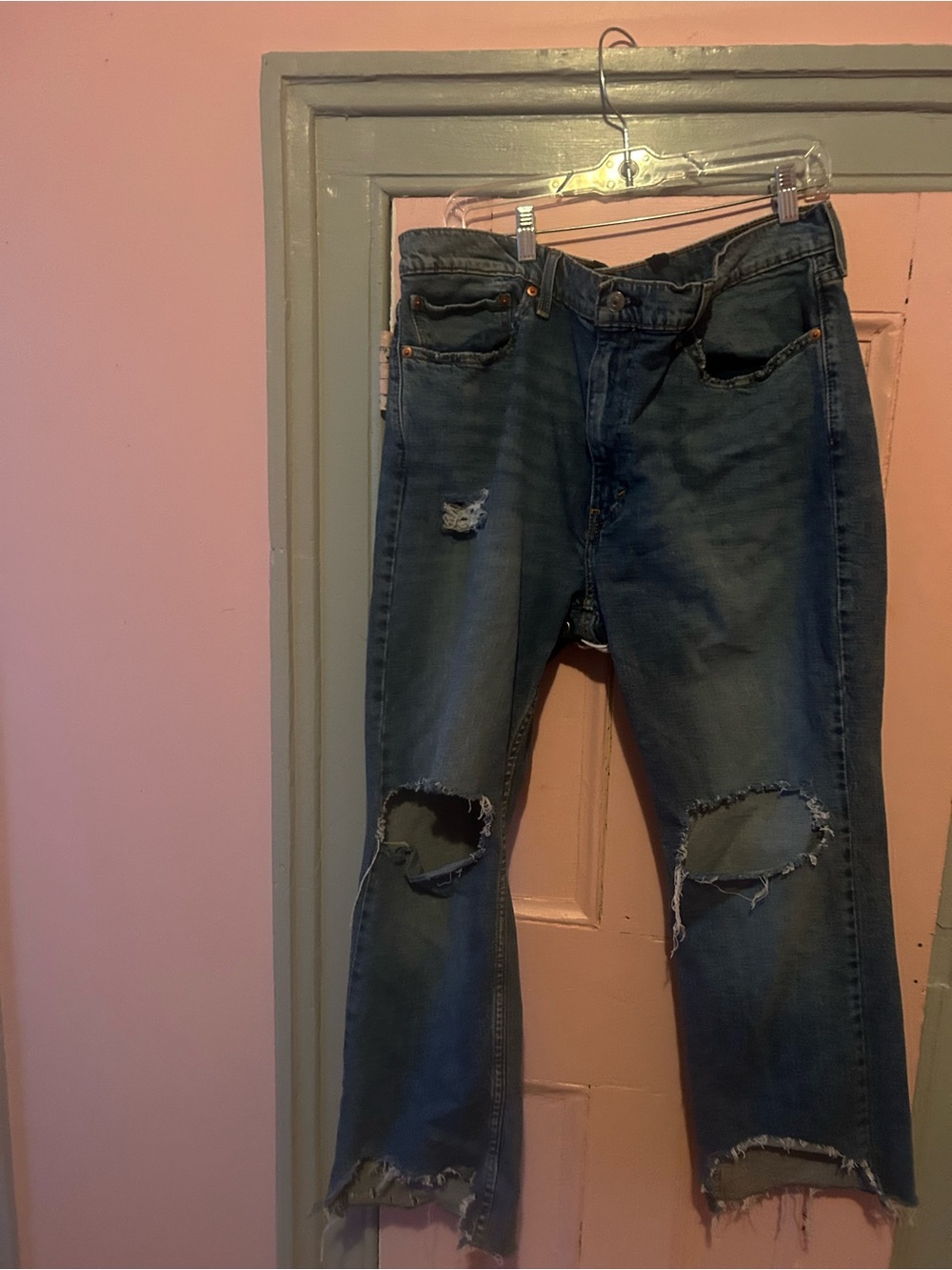 Levi's Women's Straight Ripped Dark Blue Jeans custom made lace up bum.
